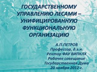 ГОСУДАРСТВЕННОМУ УПРАВЛЕНИЮ ЛЕСАМИ – УНИФИЦИРОВАННУЮ ФУНКЦИОНАЛЬНУЮ ОРГАНИЗАЦИЮ
