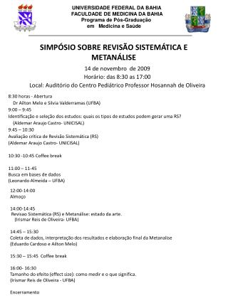 SIMPÓSIO SOBRE REVISÃO SISTEMÁTICA E METANÁLISE