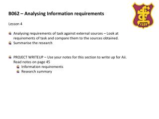 B062 – Analysing Information requirements Lesson 4