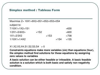 Simplex method : Tableau Form