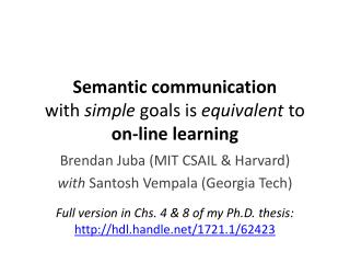 Semantic communication with simple goals is equivalent to on-line learning