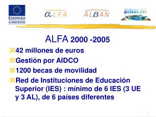 ALFA 2000 -2005 42 millones de euros Gestión por AIDCO 1200 becas de movilidad
