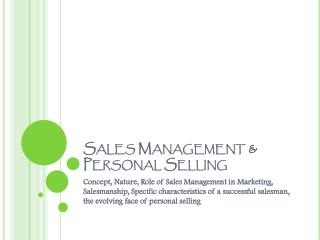 Sales Management &amp; Personal Selling