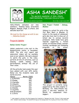 ASHA SANDESH * The quarterly newsletter of Asha-Atlanta EMPOWERING THROUGH EDUCATION