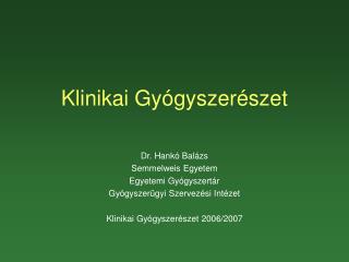 Klinikai Gyógyszerészet