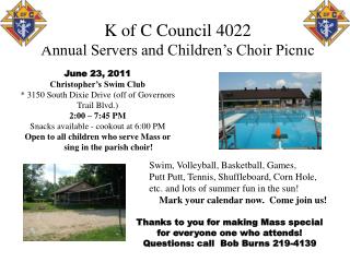 K of C Council 4022 Annual Servers and Children’s Choir Picnic