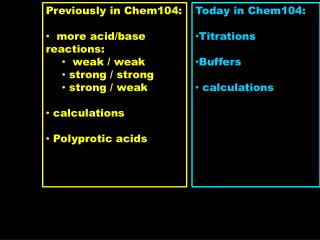 Previously in Chem104: more acid/base reactions: weak / weak strong / strong strong / weak