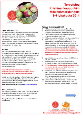 Tervetuloa Kristiinankaupunkiin Mikkelinmarkkinoille 3-4 lokakuuta 2014