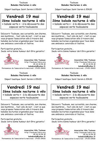 Association Vélo Toulouse toulouse.fubicy 05 34 30 94 18 baladevelo@yahoo.fr