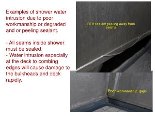 Examples of shower water intrusion due to poor workmanship or degraded and or peeling sealant.