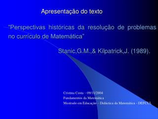 “Perspectivas históricas da resolução de problemas no currículo de Matemática”