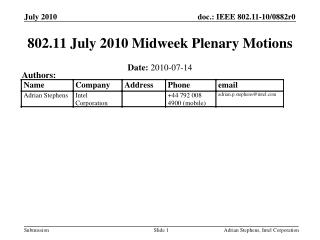 802.11 July 2010 Midweek Plenary Motions