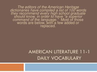 AMERICAN LITERATURE 11-1 DAILY VOCABULARY