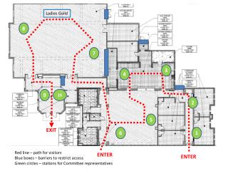 Red line – path for visitors Blue boxes – barriers to restrict access