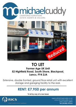 TO LET Former Age UK Unit 52 Highfield Road, South Shore, Blackpool, Lancs, FY4 2JA