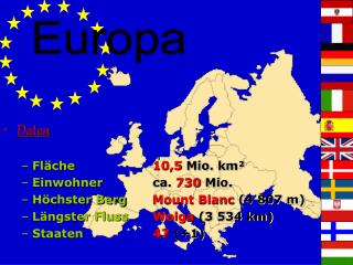 Daten Fläche		 10,5 Mio. km² Einwohner	 	 ca. 730 Mio. Höchster Berg Mount Blanc (4 807 m)