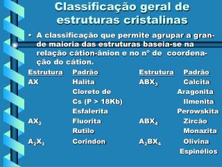 Classificação geral de estruturas cristalinas