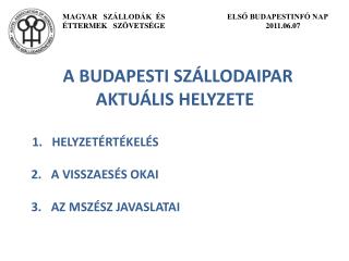 A BUDAPESTI SZÁLLODAIPAR AKTUÁLIS HELYZETE 1. HELYZETÉRTÉKELÉS 2. A VISSZAESÉS OKAI