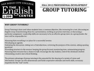 FALL 2012 PROFESSIONAL DEVELOPMENT GROUP TUTORING