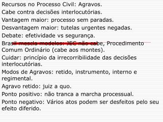 Recursos no Processo Civil: Agravos. Cabe contra decisões interlocutórias.