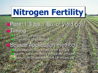 Rate: 1.3 lbs. / Bu. of yield goal Timing 1/3 or less @ planting 2/3 or more @ sidedress