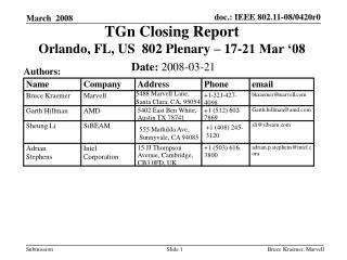 TGn Closing Report Orlando, FL, US 802 Plenary – 17-21 Mar ‘08