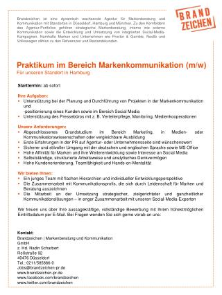 Praktikum im Bereich Markenkommunikation (m/w) Für unseren Standort in Hamburg