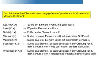 Suchbäume unterstützen alle unten angegebenen Operationen für dynamische Mengen K effizient: