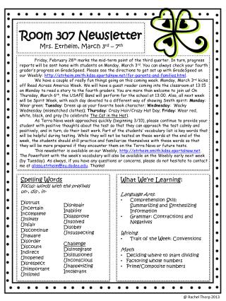 Room 307 Newsletter Mrs. Etrheim, March 3 rd – 7 th