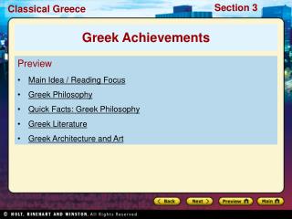 Preview Main Idea / Reading Focus Greek Philosophy Quick Facts: Greek Philosophy Greek Literature