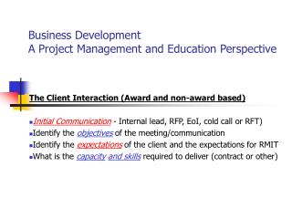 Business Development A Project Management and Education Perspective
