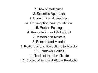 1: Tao of molecules 2. Scientific Approach 3. Code of life ( Basepairer )