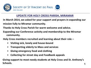 UPDATE FOR HOLY CROSS PARISH, MIRAMAR