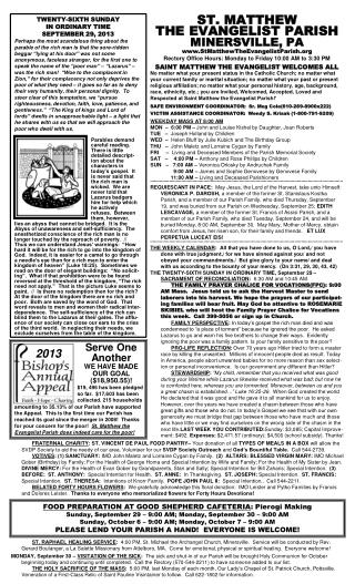 TWENTY-SIXTH SUNDAY IN ORDINARY TIME SEPTEMBER 29, 2013