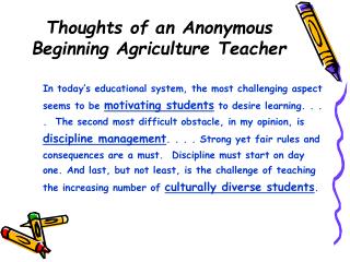 Thoughts of an Anonymous Beginning Agriculture Teacher