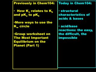 Previously in Chem104: How K a relates to K b and pK a to pK b