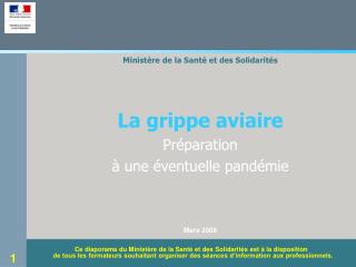 Ministère de la Santé et des Solidarités La grippe aviaire Préparation à une éventuelle pandémie