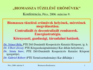 „BIOMASSZA TÜZELÉSŰ ERŐMŰVEK” Konferencia, Pécs, 2006. március 9.