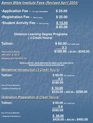 Aenon Bible Institute Fees (Revised April 2004)