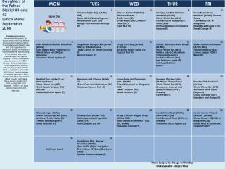 Daughters of the Father District #1 and #2 Lunch Menu September 2014