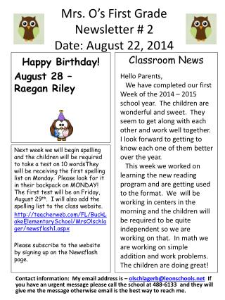 Mrs. O’s First Grade Newsletter # 2 Date: August 22, 2014