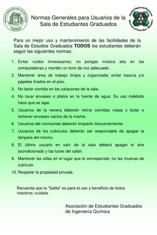 Normas Generales para Usuarios de la Sala de Estudiantes Graduados