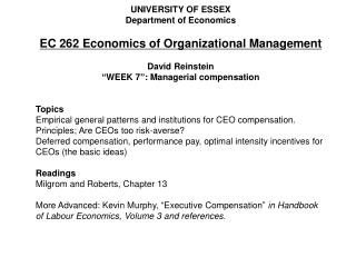 UNIVERSITY OF ESSEX Department of Economics EC 262 Economics of Organizational Management