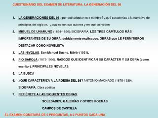 CUESTIONARIO DEL EXAMEN DE LITERATURA: LA GENERACIÓN DEL 98