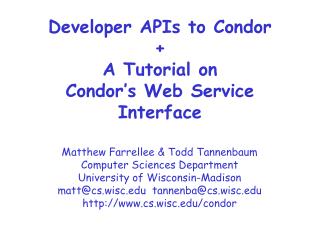 Developer APIs to Condor + A Tutorial on Condor’s Web Service Interface