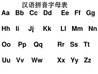 汉语拼音字母表 Aa   Bb  Cc  Dd  Ee  Ff  Gg Hh   Ii Jj  Kk  Ll  Mm  Nn