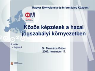 Közös képzések a hazai jogszabályi környezetben Dr. Mészáros Gábor 2005. november 17.