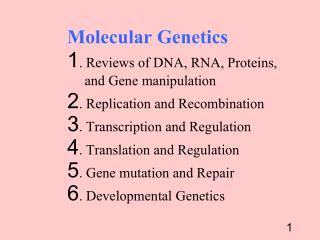 Molecular Genetics 	1. Reviews of DNA, RNA, Proteins, 	 and Gene manipulation