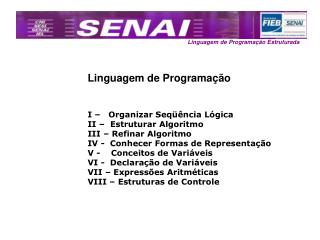 Linguagem de Programação I – Organizar Seqüência Lógica II – Estruturar Algoritmo