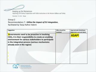 Group 2 Recommendation 7 : Utilize the impact of EU integration ,